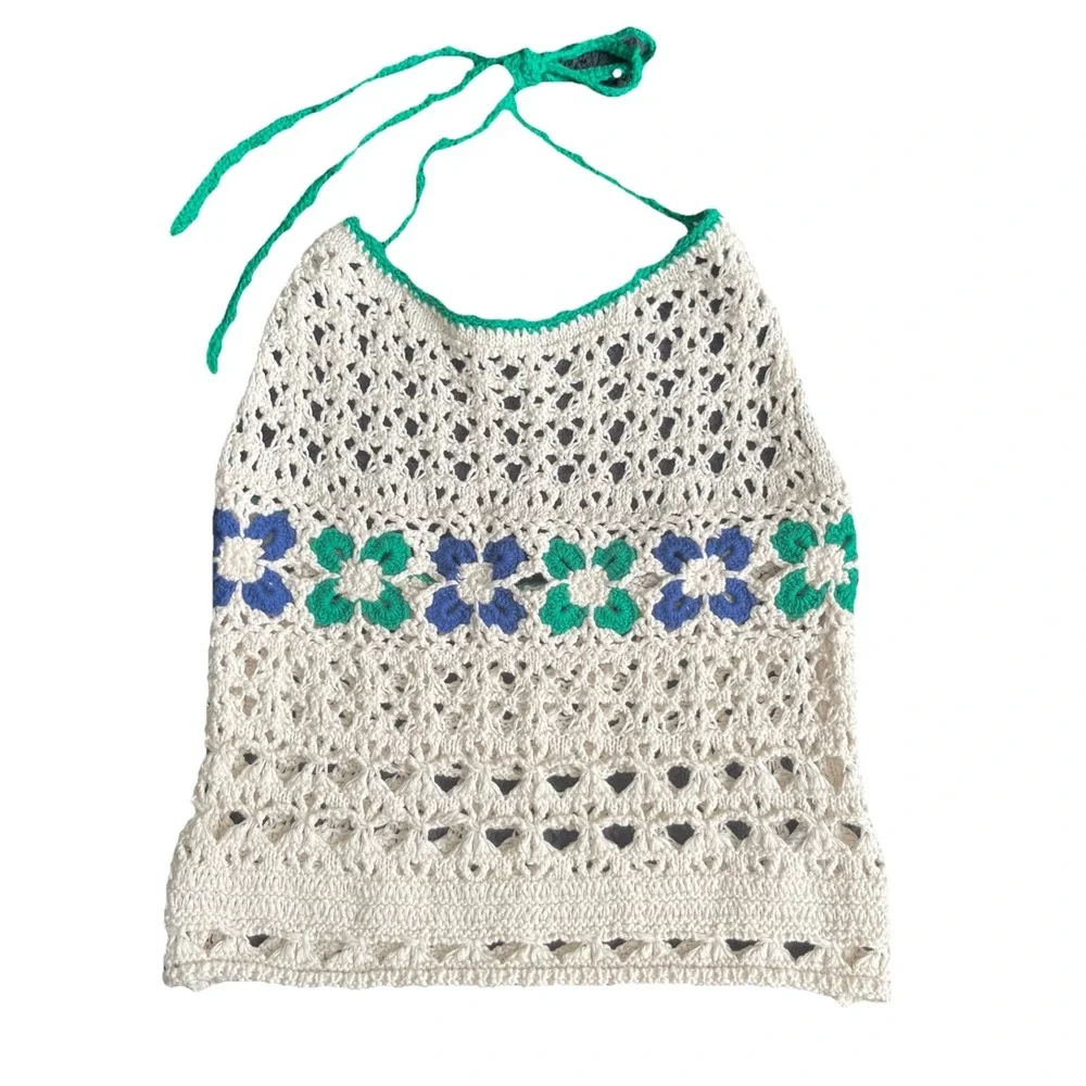Free People XS Poppy Sweater Tank All Crochet Halter Top Cover Up Retro Festival